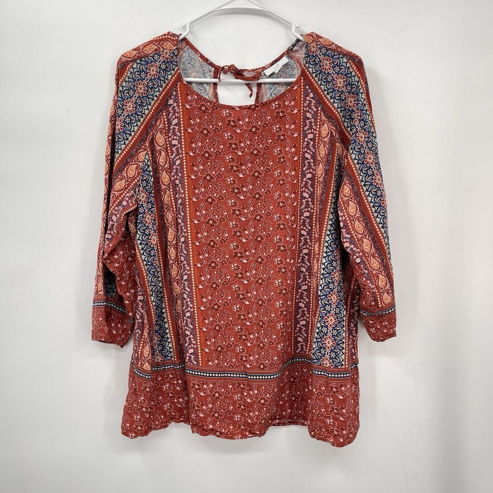 J. Jill Medium Tunic Top Womens Red Blue Floral Paisley Boho 3/4 Sleeve Tie Back